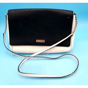 Kate Spade Black White Pebble Leather Tassel Fold Over Snap Crossbody